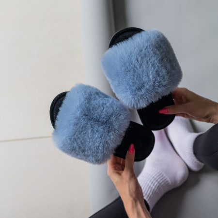 Жіночі домашні капці Halluci з хутра у блакитно-чорному кольорі