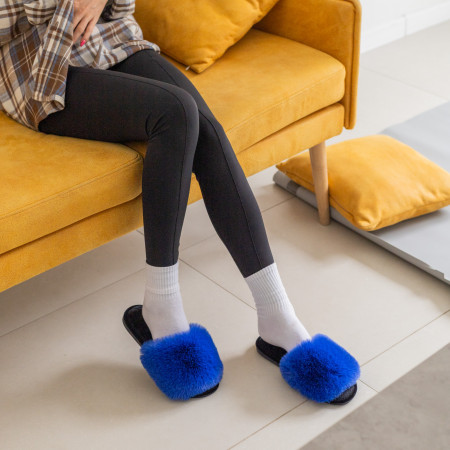 Жіночі домашні капці Halluci з еко-хутра у синьо-чорному кольорі