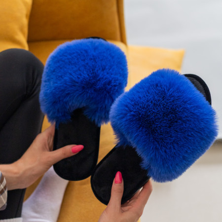 Жіночі домашні капці Halluci з еко-хутра у синьо-чорному кольорі
