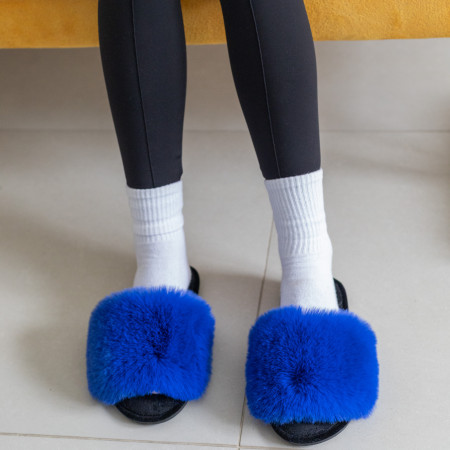 Жіночі домашні капці Halluci з еко-хутра у синьо-чорному кольорі