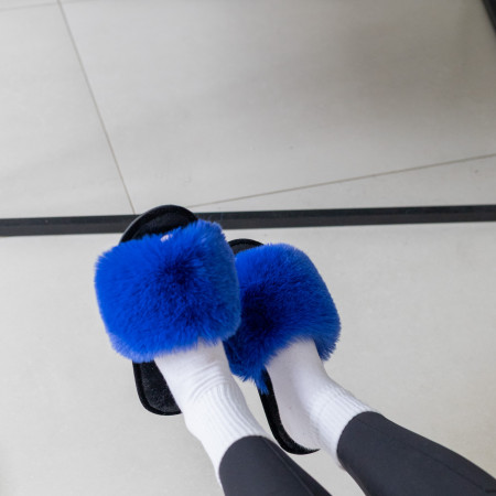 Жіночі домашні капці Halluci з еко-хутра у синьо-чорному кольорі