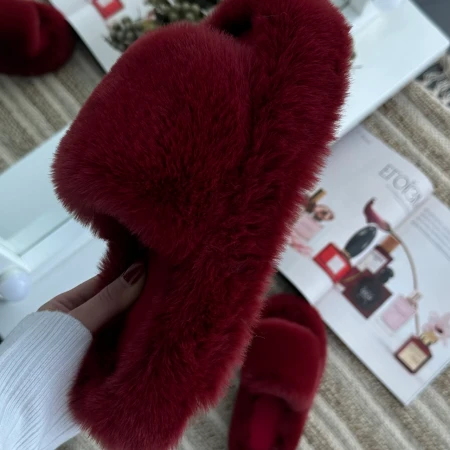 Жіночі домашні пухнасті капці Luxury з відкритим носком у Бордовому кольорі