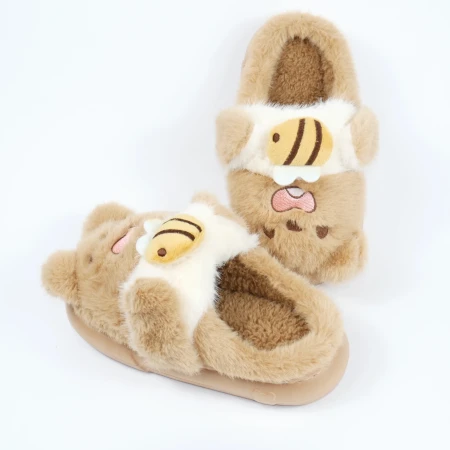 Дитячі кімнатні капці «Звірятка» з еко-хутра (Світло-коричневий ведмедик)