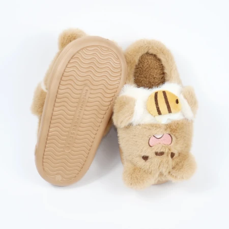 Дитячі кімнатні капці «Звірятка» з еко-хутра (Світло-коричневий ведмедик)
