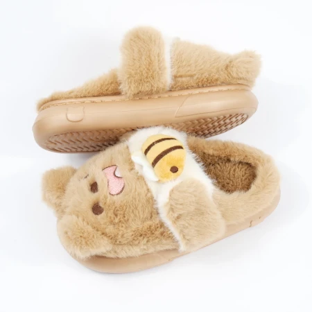 Дитячі кімнатні капці «Звірятка» з еко-хутра (Світло-коричневий ведмедик)