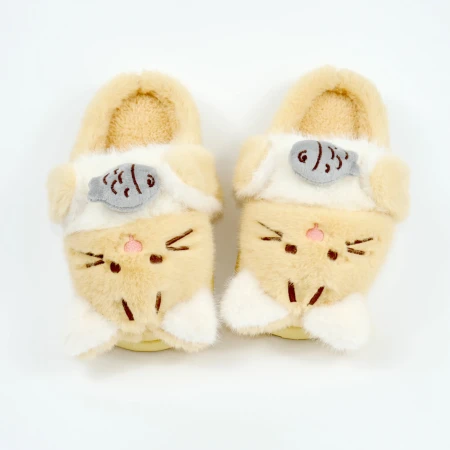 Дитячі кімнатні капці «Звірятка» з еко-хутра (Бежевий котик)