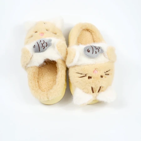 Дитячі кімнатні капці «Звірятка» з еко-хутра (Бежевий котик)