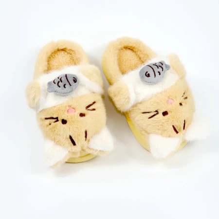 Дитячі кімнатні капці «Звірятка» з еко-хутра (Бежевий котик)
