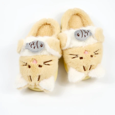 Дитячі кімнатні капці «Звірятка» з еко-хутра (Бежевий котик)